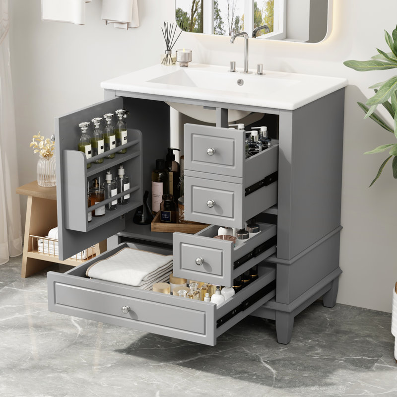 Meuble-lavabo gris 30 po avec lavabo, porte à fermeture en douceur et plusieurs options de rangement pour les salles de bain modernes