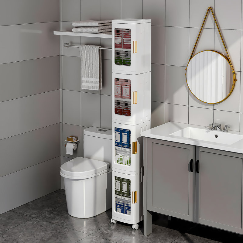 Aarn 4 Tier Folding Stackable Storage Box, Stackable Storage Drawers On Wheels, Bathroom Floor Cabinet With Doors