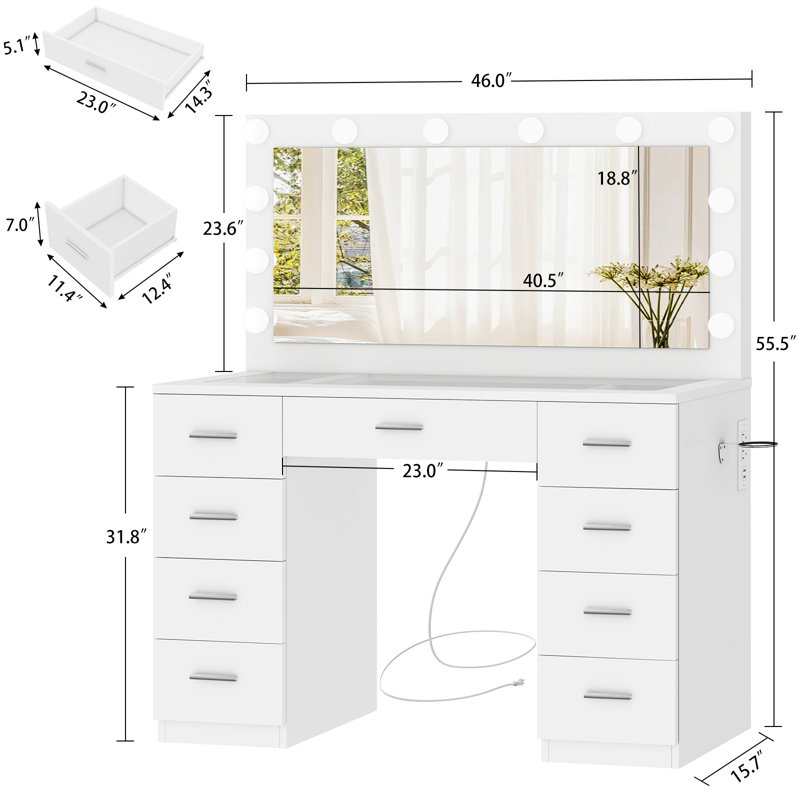 Meuble-lavabo de 46 po avec bureau en verre et 9 tiroirs, meuble-lavabo avec grand miroir lumineux et prise de courant, coiffeuse avec 12 lumières à DEL, 3 lumières de couleur réglables, blanc