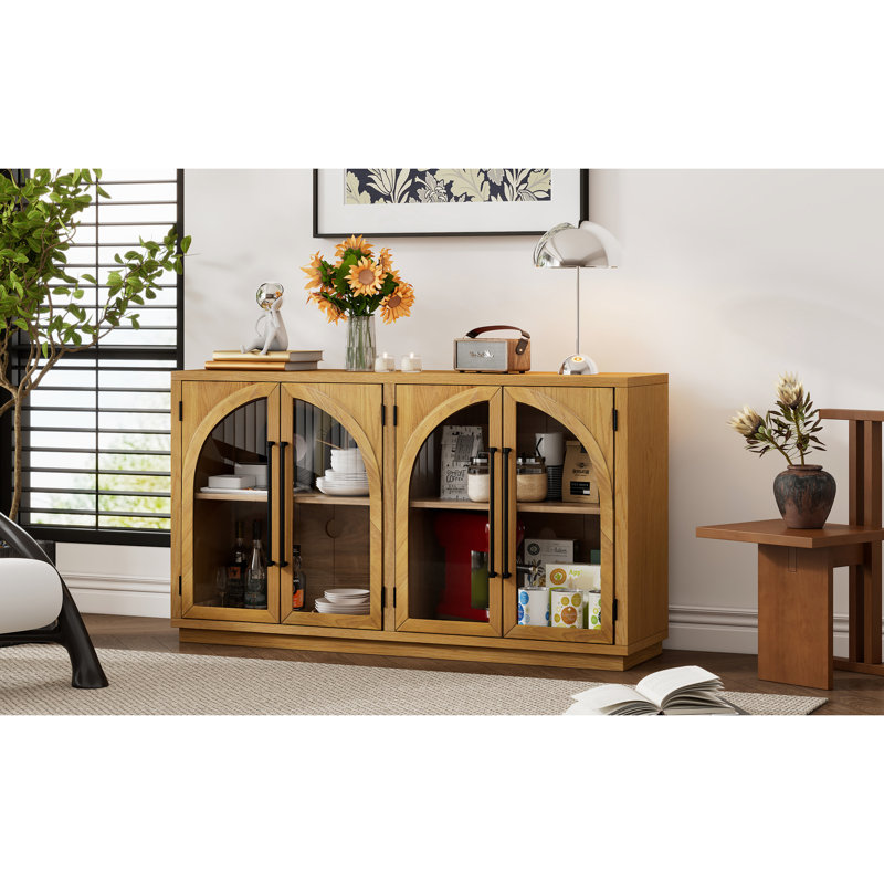 Buffet arqué à 4 portes avec façade en verre, hauteurs de tablettes réglables, poignées en métal naturel, design rétro et poignées en métal, trous de câbles, serrure silencieuse pour rangement de meubles de cuisine avec portes en verre,