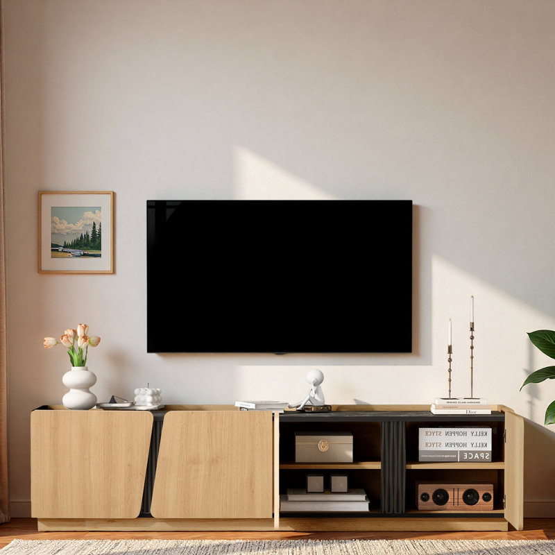 Meuble télé moderne avec coins arrondis, plateau en marbre et tablettes réglables, Chêne