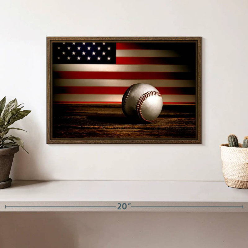 Drapeau américain de baseball, 13 po x 9 po, Cadre flottant noyer