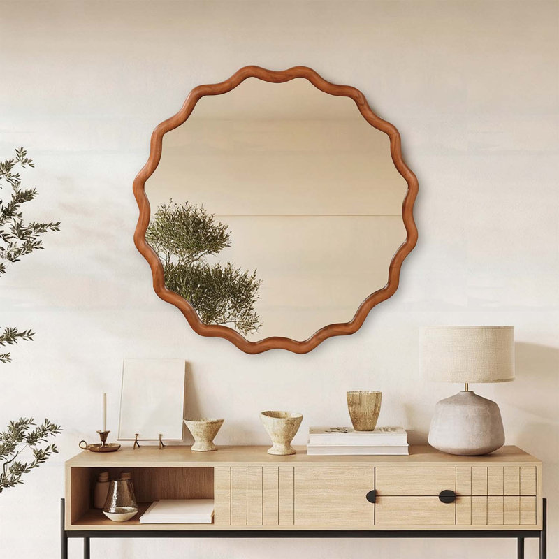 Miroir à cadre ondulé en bois pour une décoration intérieure élégante, Brun, 36 po x 36 po