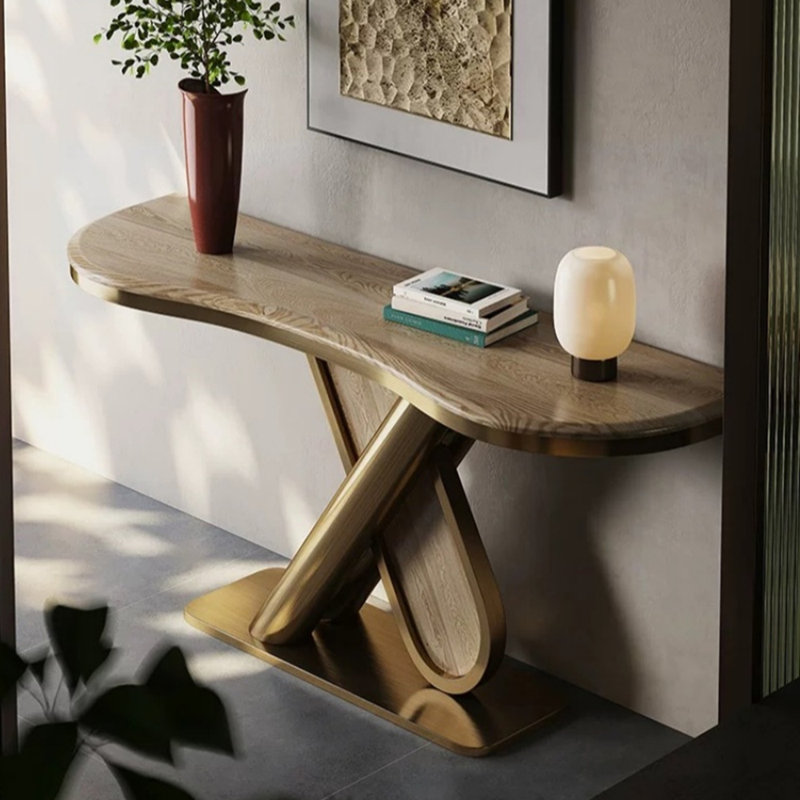 Table de véranda en bois massif de style français., H 33,4 po x l 70,8 po x P 13,7 po, Brun / or