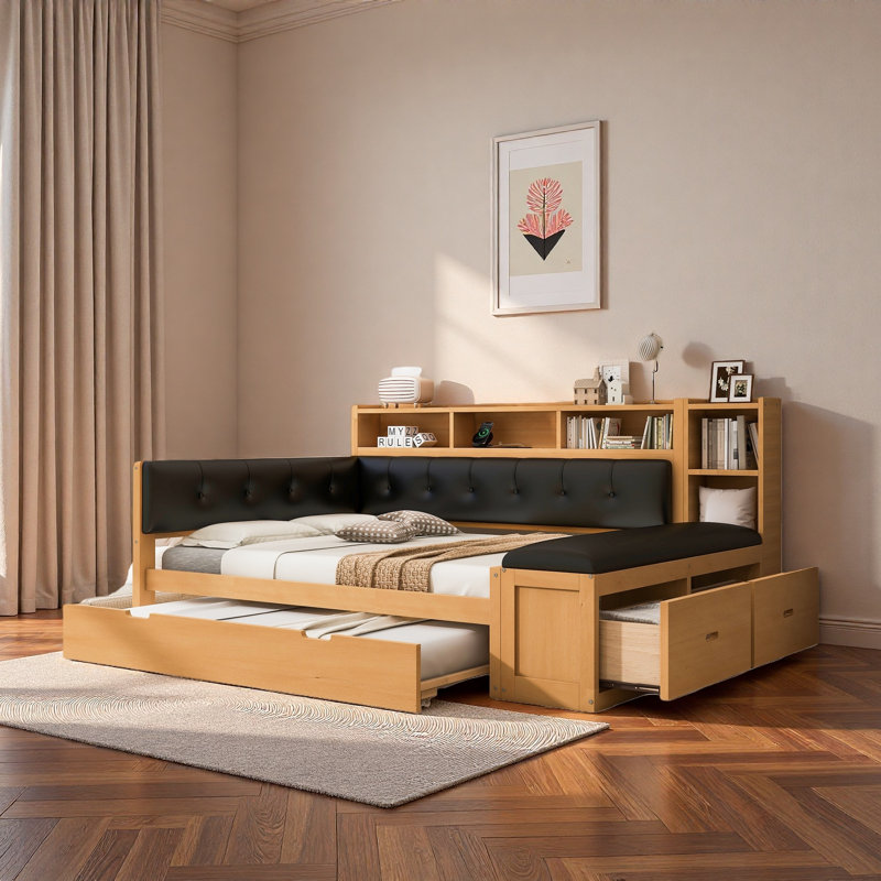 Comfortable Daybed With Trundle, Storage Shelves, Bench, Charging Station And Upholstered Headboard, Black/Natural