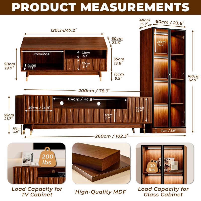 102'' Brown Entertainment Center Walnut Finish For 55/58/65/70/75 Inch TV, Mid Century Modern Wood Media Console Includes 78.7" TV Stand, 4-Tier Glass Display China Cabinet And Coffee Table For Living Room Bedroom