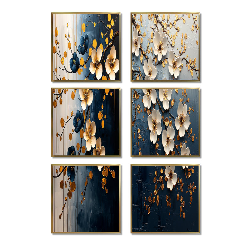 Branches de cerisiers dorés - Ensemble de 6 reproductions d'art sur toile, Impression encadrée sans passe-partout, Doré