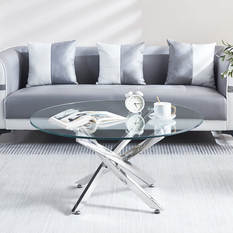 Round Tempered Glass Coffee Table With Legs, 35.4" Top, Silver Style 35.4 Inch Diameter Silver, Creating A Stylish Family Space