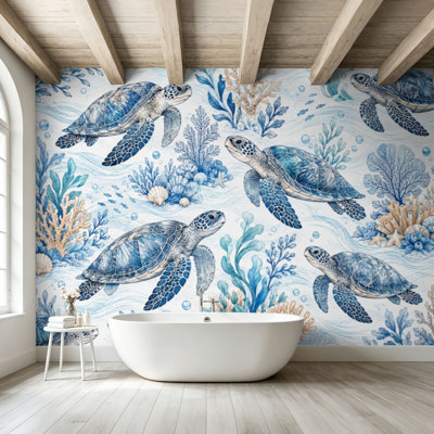 Peel and Stick Wallpaper Wall Mural Turtles sea creatures waves Art sea seamless for fabric print Wall Art Self Adhesive and Removable