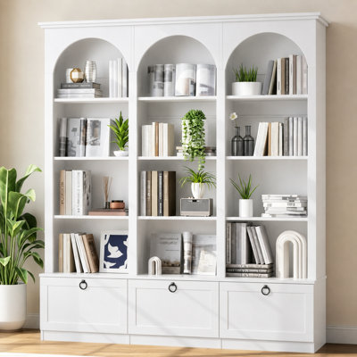 71"H X 63"W Large Bookcase with Doors, Tall Arched Bookshelf with/ 12 Adjustable Open Display Shelves, Modern Bookshelf for Living Room, Study