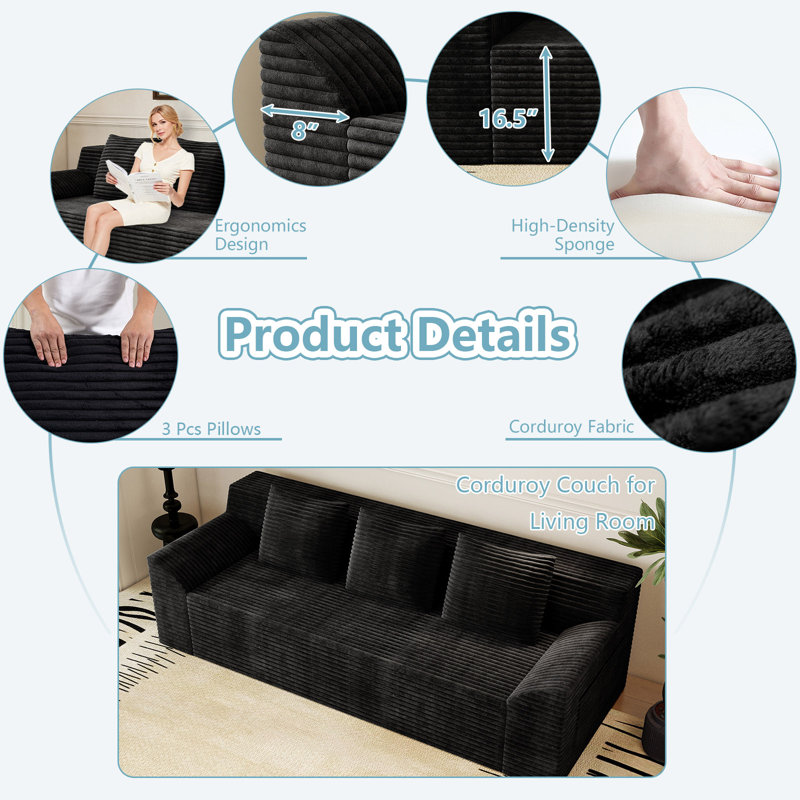 Boneless 71 Inch 3-Seater Sofa, Corduroy Fabric Deep Seat Couch, Comfy Loveseat Sofa No Assembly Required for Living Room, Bedroom, and Apartment(71 inch diagonal armrest)