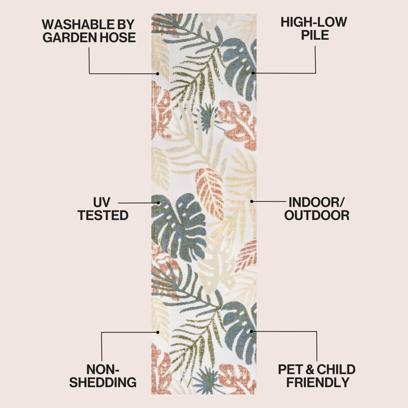 Tapis d'intérieur / extérieur Monstera, Tapis de couloir 2 pi 3 po x 8 pi, Crème / Multicolore