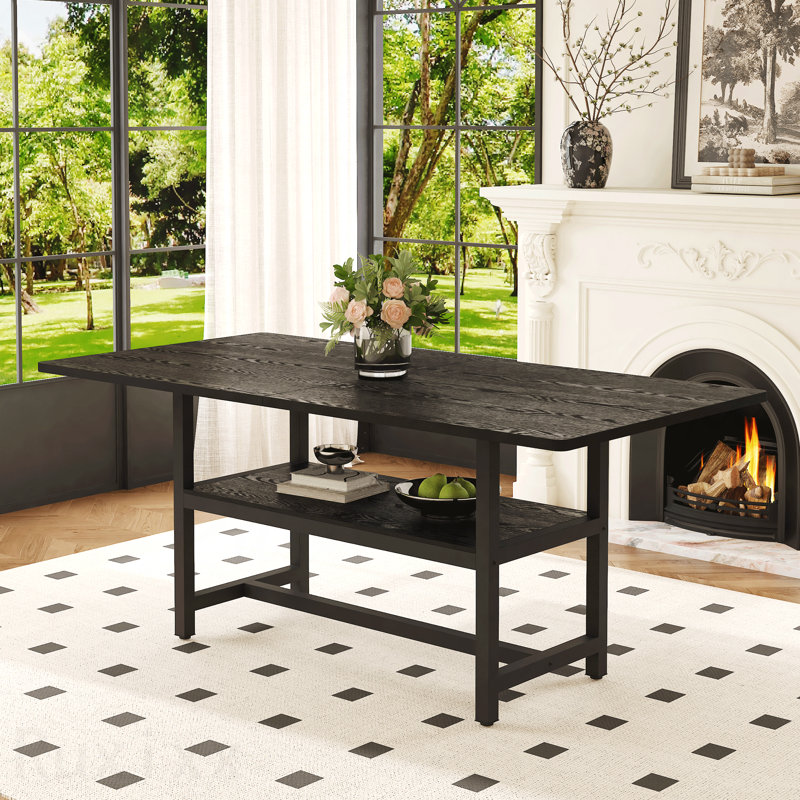 71 po x 35,4 po, table de salle à manger en bois texturé noir, planches de rangement 43,3 po x 19,7 po, Noir