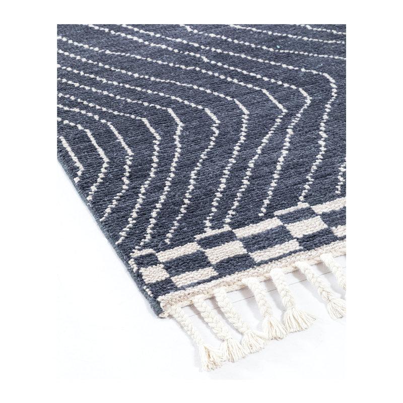 Wool Abstract Area Rug in Navy/White, Runner 2'6" x 7'