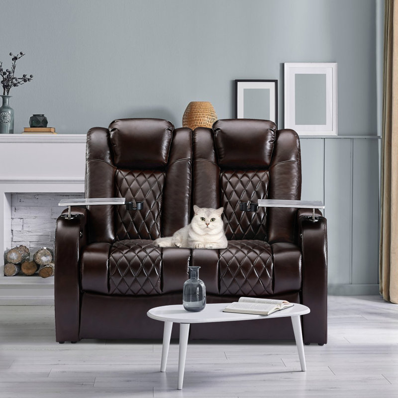 Causeuse inclinable rembourrée 58 po, Cuir véritable brun