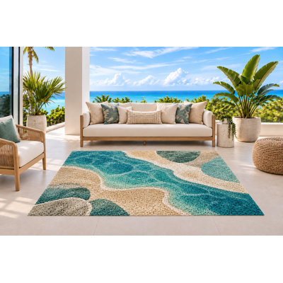 Tapis d'extérieur 5 pi x 7 pi Curves d'inspiration océanique moderne en crème turquoise et vert