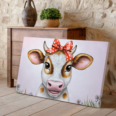 Toile, création d'une illustration fantaisiste d'une vache avec un art mural, expression ludique portant un nœud à pois rouge vif sur toile
