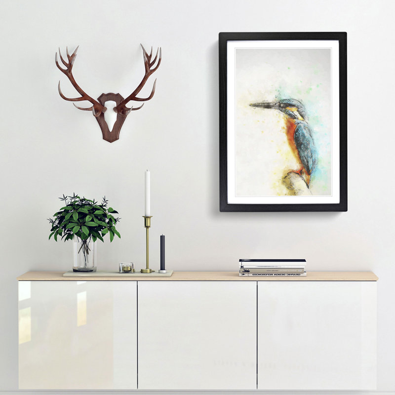 Perched Kingfisher in Abstract - Picture Frame Painting Print, 36cm H x 27cm W x 2cm D, Black Framed