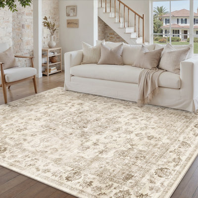 Tapis beige lavable Kitty avec envers antidérapant pour le salon