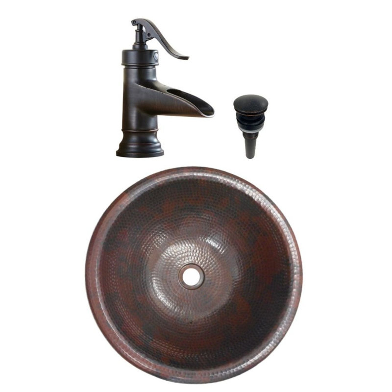 Lavabo de salle de bain rond en cuivre 15 po, robinet inclus