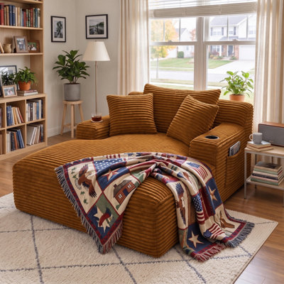 67" Oversized Cloud Corduroy Sleeper Sofa With Side Book Pocket And Armrest Cup Holder