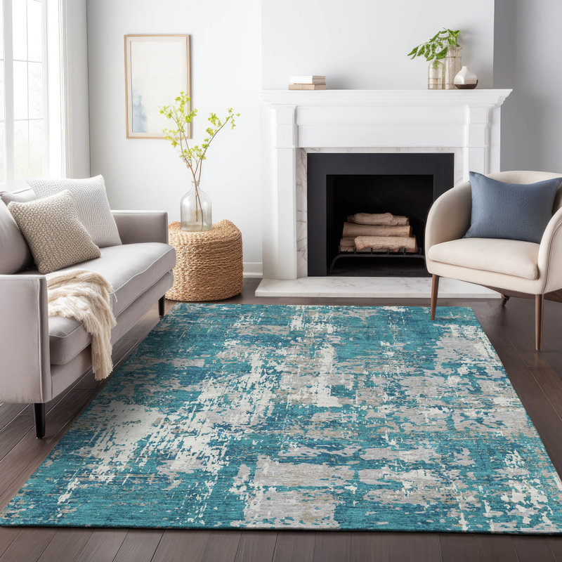 Caelan Teal Washable Indoor-Outdoor Rug - , 2'6" x 3'10"