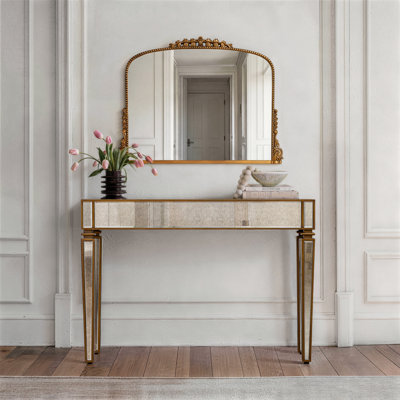 Antique Gold Frame Console Table and Wall Mirror Set Mirrored Glass Top