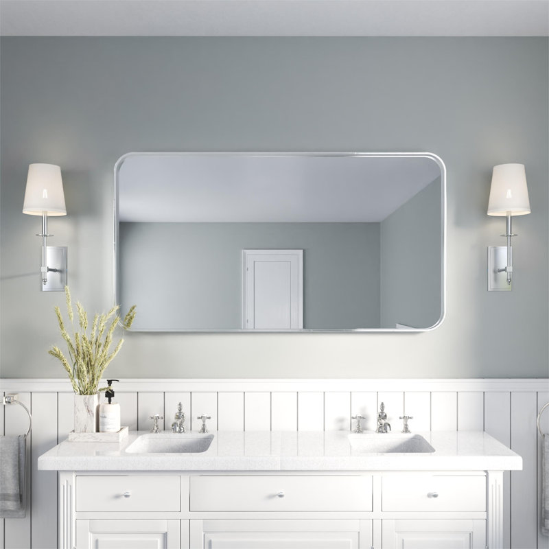 Élégant miroir encadré en aluminium avec coin arrondi pour une décoration intérieure élégante, Argent argent, 55 po x 30 po