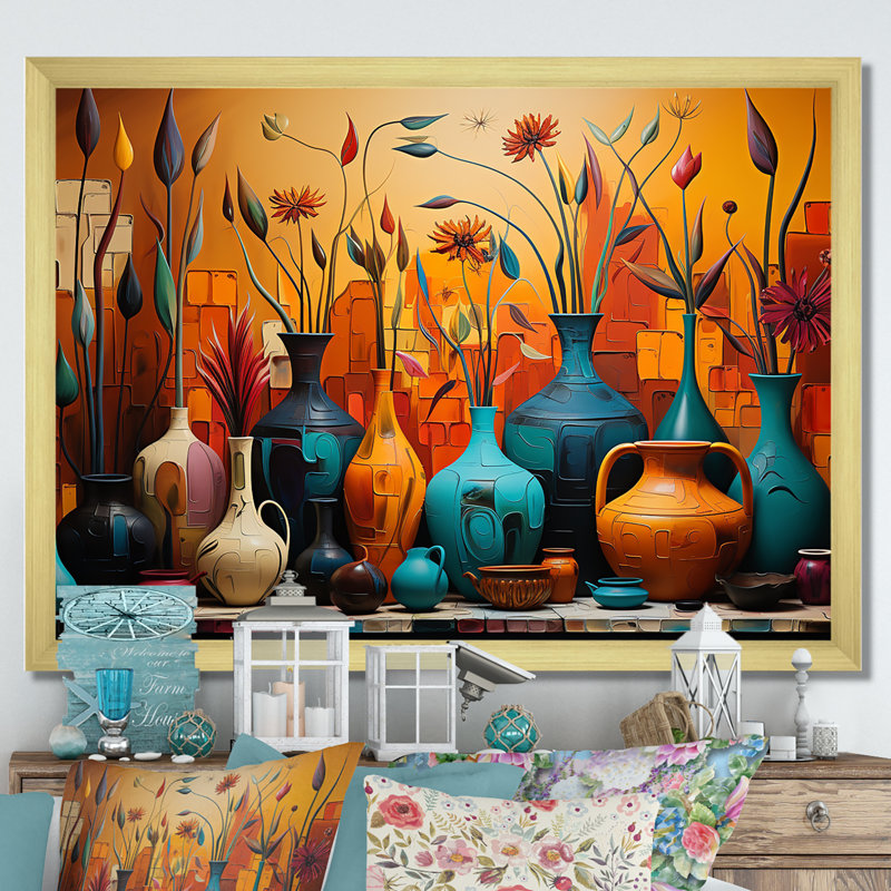 «Orange Boho Pottery Expressions I», art sur toile Boho Pottery, Cadre doré à coins fermés, H 16 po x l 32 po x P 1 po
