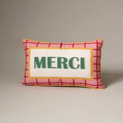 Merci Printed Lumbar Throw Pillow with Polyester Insert | Pink Grid Cotton Decorative Pillow, 20" x 12"