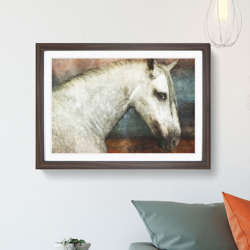 White Horse Portrait - Picture Frame Painting Print, 62cm H x 87cm W x 2cm D, Walnut Framed