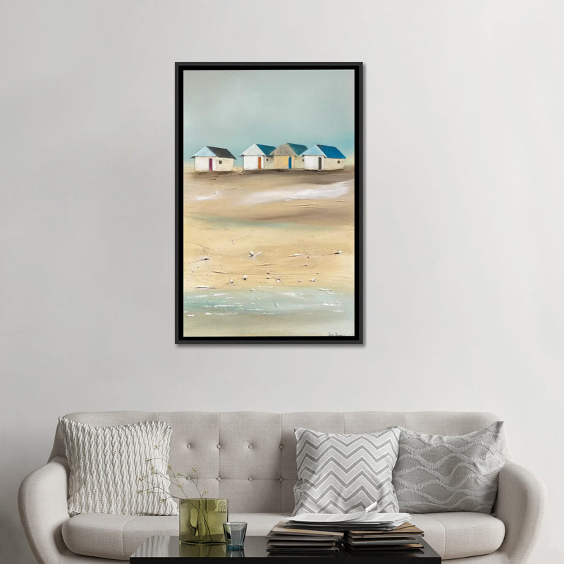 « beach cabanes iv », impression sur toile, H 26 po x l 18 po x P 1,5 po, Toile encadrée noire, Pas de tapis