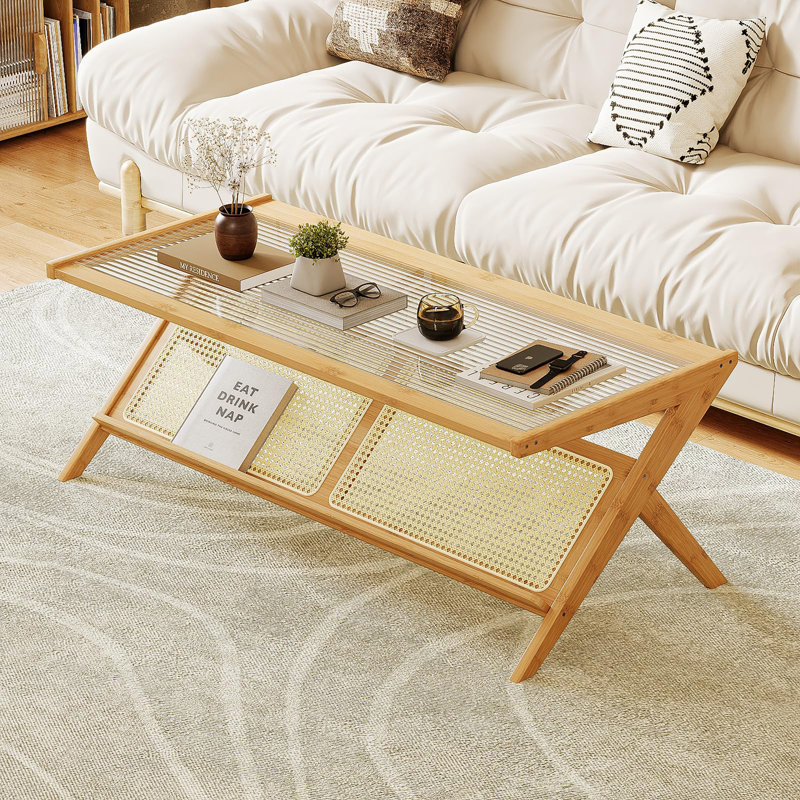 Table basse en rotin avec plateau en verre, Naturel