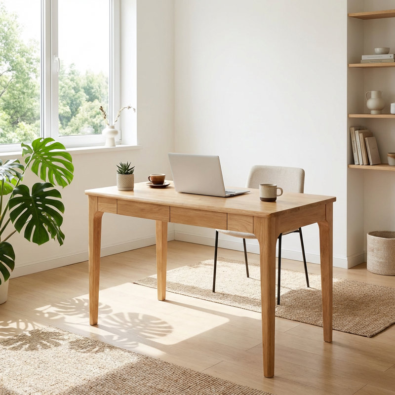 Bureau debout en bois massif avec tiroirs intégrés, conception minimaliste moderne avec bords lisses et fabrication durable