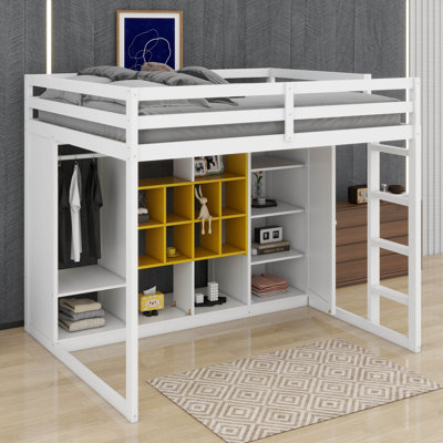 Full Size Wood Loft Bed With Shelves,Cabinet And Wardrobe