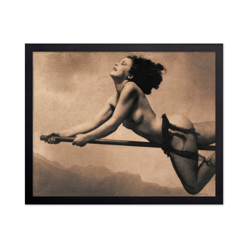 Sorcière nue sur balai, Canvas, 11"H x 14"W, Brown Framed