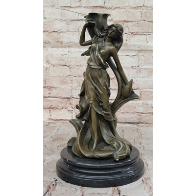 Bronze Art Nouveau Sculpture Of Elegant Woman With Flower Motif – Decorative Art On Marble Base