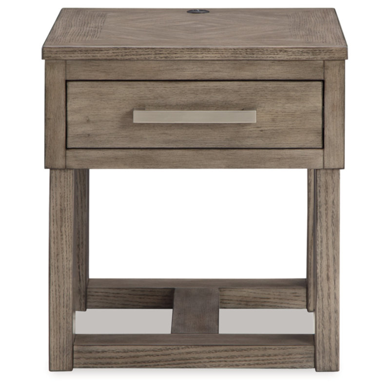 Transitional Brown and White Wood End Table with Storage and USB Charging