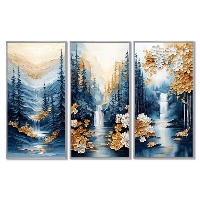 «Blue and Gold Cascade Valley - Waterfall», ensemble de 3 reproductions d'art sur toile, 40" H x 60" W, Silver Floater Framed