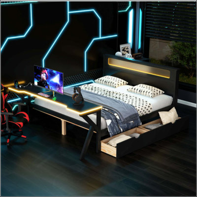 Lit plateforme en bois avec tête de lit à DEL, bureau à DEL, USB et deux tiroirs de rangement