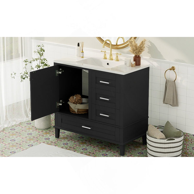 Meuble-lavabo moderne de 36 po avec cadre en pin massif, 1 porte à fermeture douce et 3 tiroirs, armoire de rangement moderne