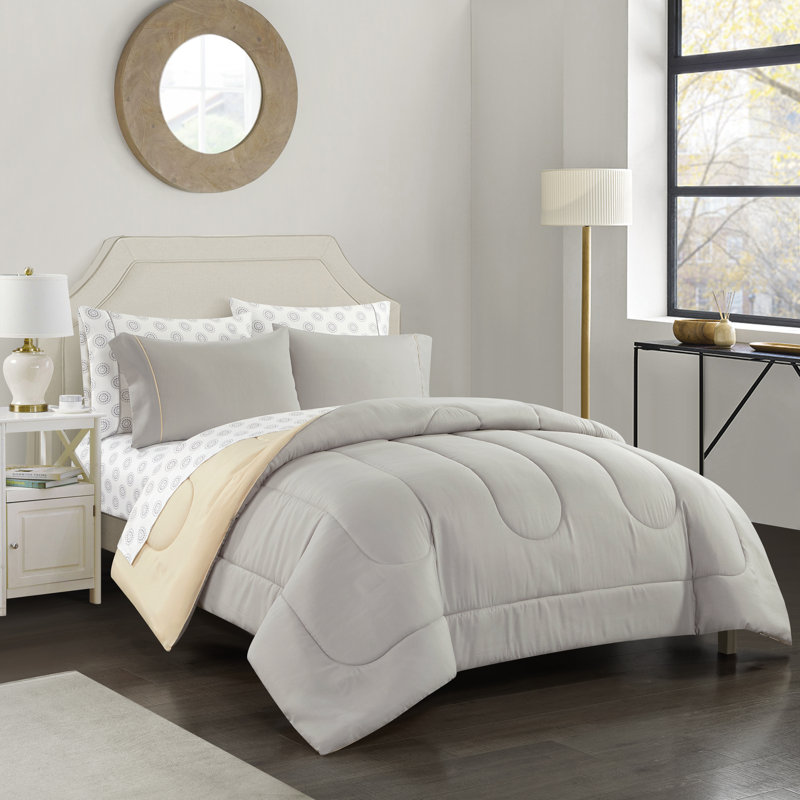 Ensemble d'édredon réversible en microfibre réversible 7 pièces, Édredon double et 6 pièces supplémentaires, Gris foncé