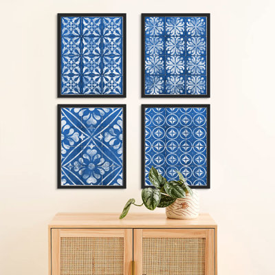 Motif géométrique bleu marine encadré sur papier, impression de 4 pièces