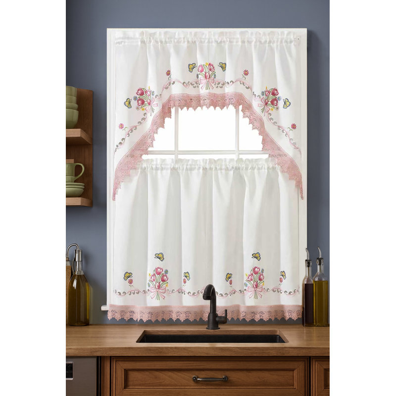 White Pink Bitterly Embroidery Kitchen Curtain 3pc Set Swag & Tiers Set