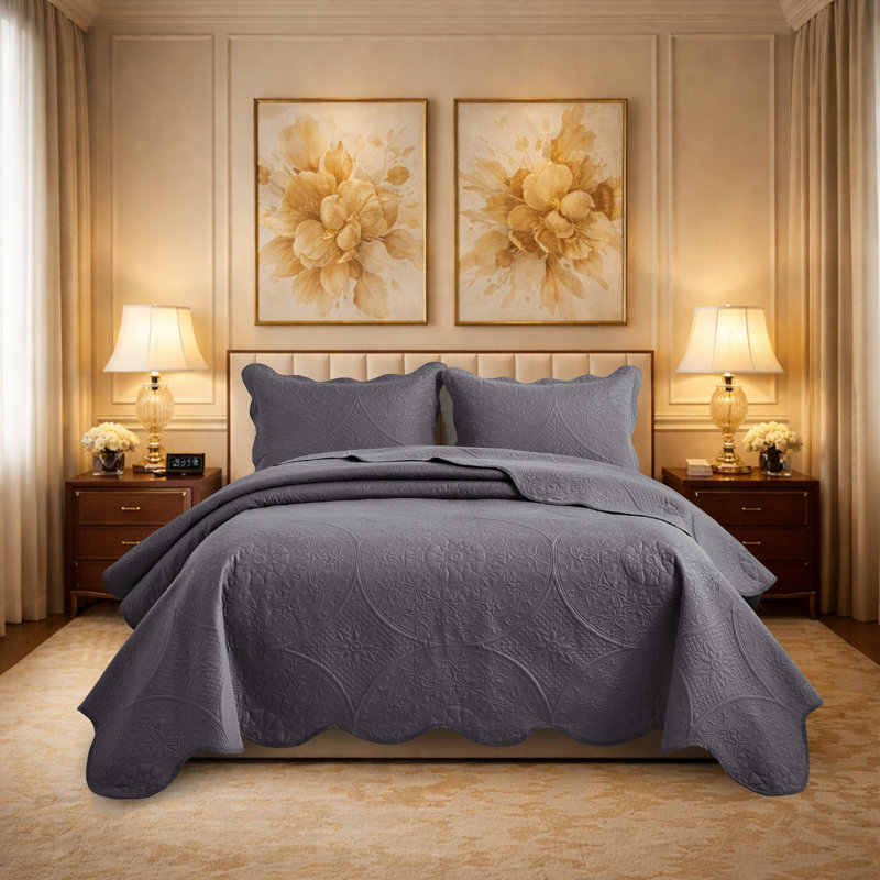 Ensemble de courtepointe à motif floral en microfibre pré-lavée, Gris, Grand couvre-lit + 2 taies d'oreiller standard