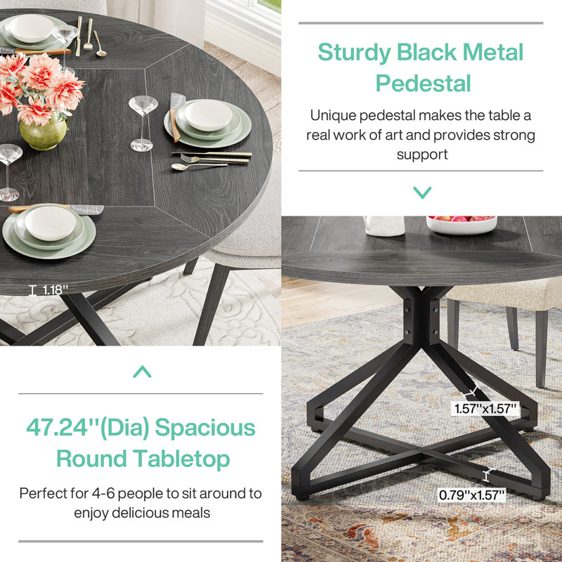 47-Inch Gray Wood Round Dining Table with Metal Pedestal Base