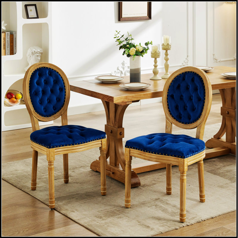 Ensemble de 2 chaises de salle à manger élégantes de style français avec structure en bois massif, revêtement en velours, garniture cloutée et ressorts en acier