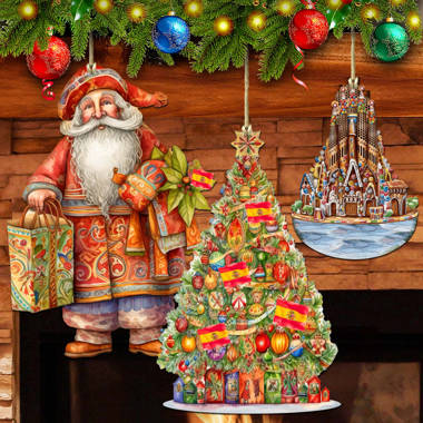 3 Piece German-Inspired Santa Wooden Ornaments