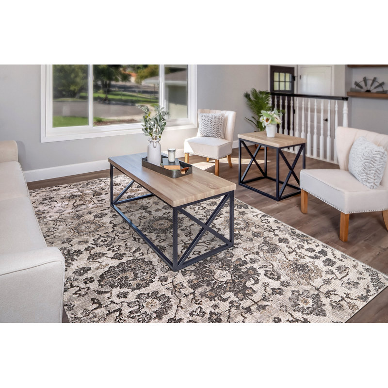 Tapis floral gris / beige, Rectangle 2 pi 7 po x 4 pi