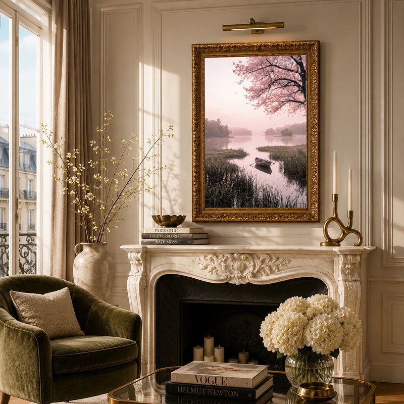 Art mural sur toile en forme de cerisier rose sur une barque en bois sur un lac brumeux, 30"H x 20"W